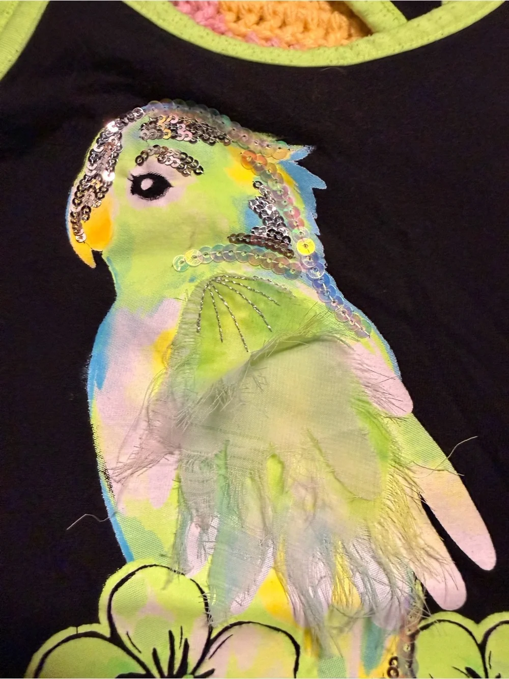 Justice Black Tank Top with Neon Yellow Trim & Parrot Graphic